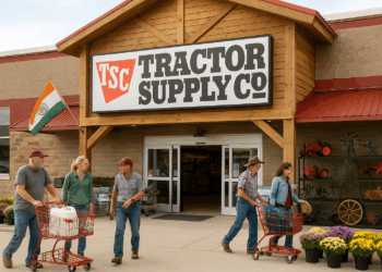 Clientes rurales compran en una tienda Tractor Supply remodelada con productos agrícolas y decorativos.