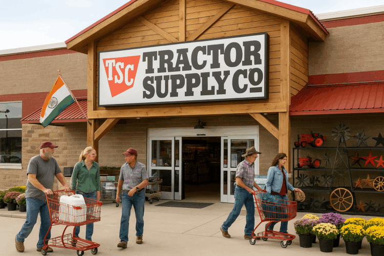 Clientes rurales compran en una tienda Tractor Supply remodelada con productos agrícolas y decorativos.