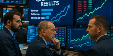 Operadores bursátiles analizando pantallas con resultados corporativos y datos