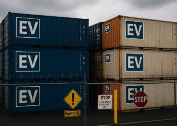 Contenedores marcados con “ vehículos eléctricos ” apilados en un puerto de EE.UU., con vallas y señales de advertencia visibles.