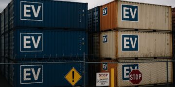 Contenedores marcados con “ vehículos eléctricos ” apilados en un puerto de EE.UU., con vallas y señales de advertencia visibles.