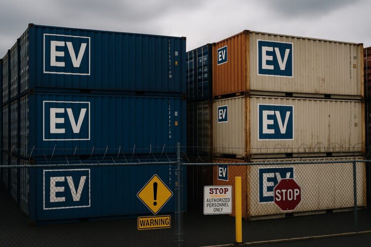 Contenedores marcados con “ vehículos eléctricos ” apilados en un puerto de EE.UU., con vallas y señales de advertencia visibles.