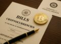 Documentos legislativos sobre regulación cripto en una mesa del Congreso.