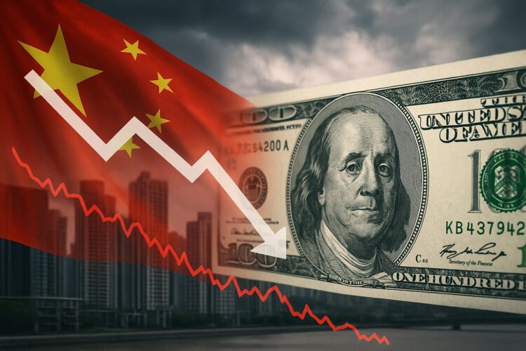 Montaje muestra un billete de dólar junto a edificios chinos con gráfico descendente y bandera de China.