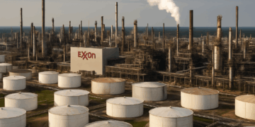 Toma aérea de la refinería de Baton Rouge de Exxon con tanques de almacenamiento y humo