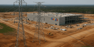 Vista aérea de centro de datos de Google en obra con líneas de alta tensión en primer plano