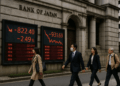 Personas caminan frente al Banco de Japón y pantallas con caídas en cotizaciones del mercado