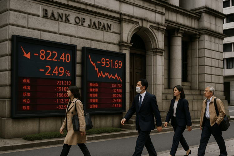 Personas caminan frente al Banco de Japón y pantallas con caídas en cotizaciones del mercado