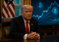 Donald Trump en el Despacho Oval con gráficos de criptomonedas proyectados al fondo