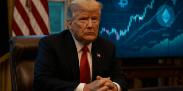 Donald Trump en el Despacho Oval con gráficos de criptomonedas proyectados al fondo
