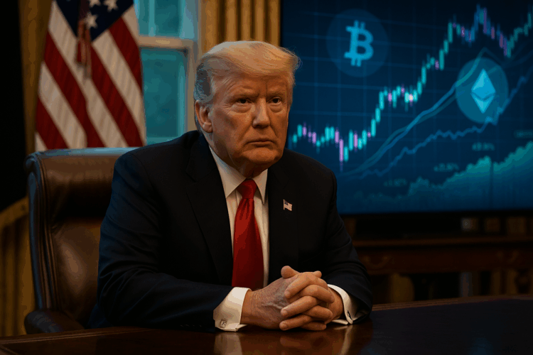 Donald Trump en el Despacho Oval con gráficos de criptomonedas proyectados al fondo