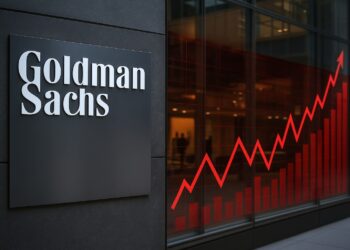 Exterior de la sede de Goldman Sachs con su logo y un gráfico de crecimiento en rojo proyectado en vidrio.