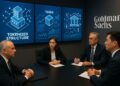 Ejecutivos de Goldman Sachs reunidos frente a pantallas con estructuras tokenizadas y flujos financieros digitales.