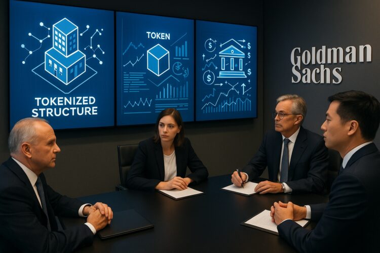 Ejecutivos de Goldman Sachs reunidos frente a pantallas con estructuras tokenizadas y flujos financieros digitales.