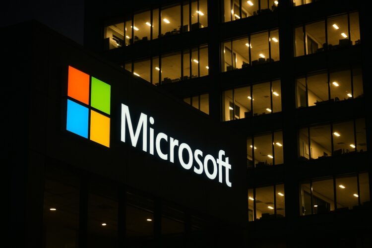 Fachada nocturna de un edificio de Microsoft con logo iluminado y ventanas encendidas.