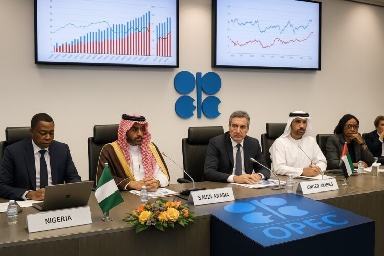 Delegados de la OPEC en sala de conferencias con gráficos de producción petrolera proyectados.