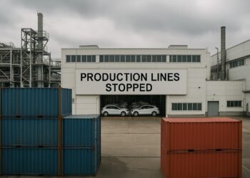 Exterior de planta automotriz europea con líneas detenidas y contenedores apilados frente al edificio.