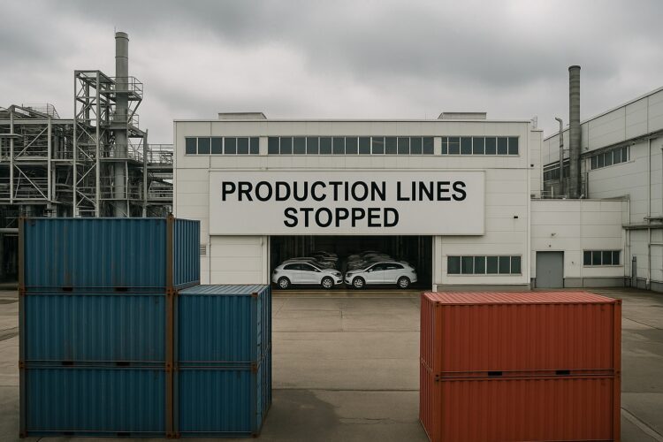 Exterior de planta automotriz europea con líneas detenidas y contenedores apilados frente al edificio.