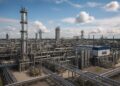 Vista aérea de plataformas petroleras en el Bloque Stabroek con logotipos de Exxon, Chevron y CNOOC visibles