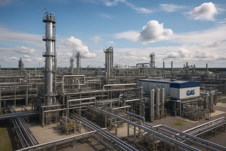 Vista aérea de plataformas petroleras en el Bloque Stabroek con logotipos de Exxon, Chevron y CNOOC visibles