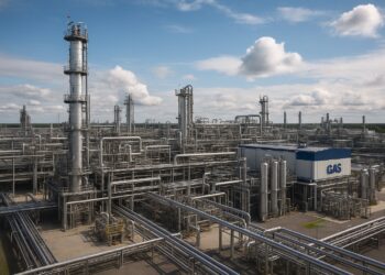 Vista aérea de una planta de gas en operación con estructuras metálicas y cielo parcialmente nublado.