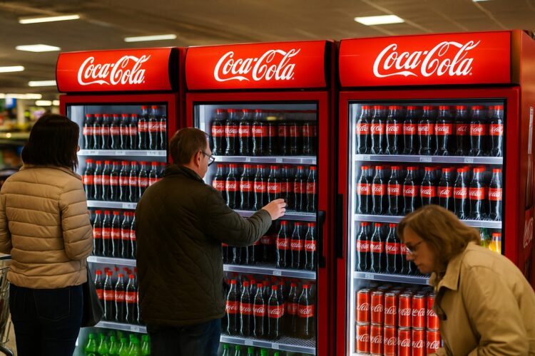 Clientes eligen bebidas frente a refrigeradores de Coca-Cola en un supermercado europeo iluminado.