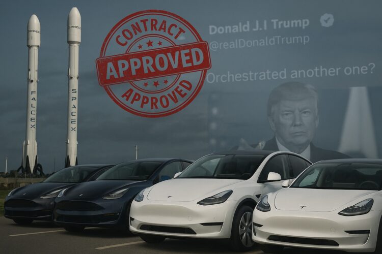 Vehículos Tesla y cohetes de SpaceX con sello de contrato aprobado y tuit de Trump al fondo.