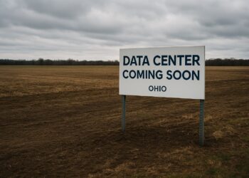 Terreno vacío en Ohio con cartel que anuncia un centro de datos IA y cielo nublado al fondo.