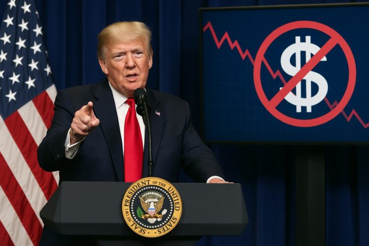 El presidente Trump en un atril con bandera de EE.UU. y gráfico del dólar digital tachado en pantalla institucional.