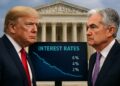 Montaje muestra a Trump y Powell frente a la Corte Suprema con un gráfico de tasas de interés descendente.
