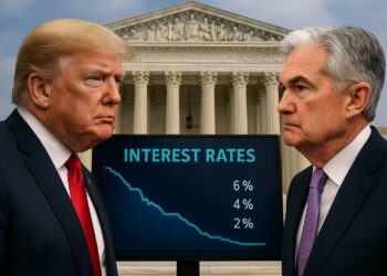 Montaje muestra a Trump y Powell frente a la Corte Suprema con un gráfico de tasas de interés descendente.