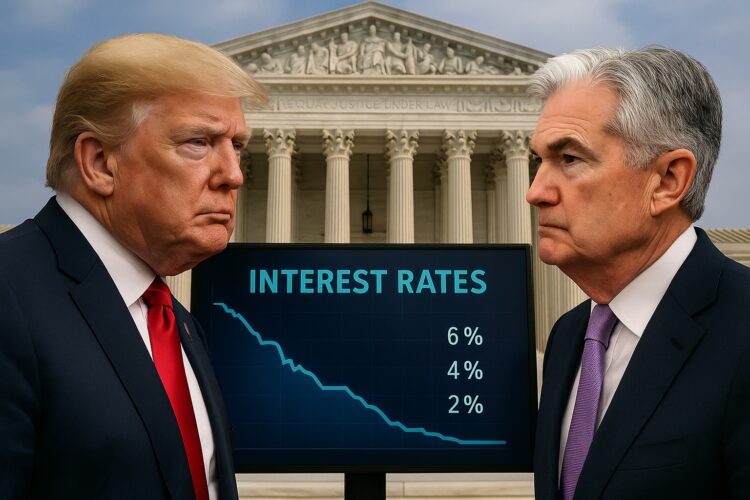 Montaje muestra a Trump y Powell frente a la Corte Suprema con un gráfico de tasas de interés descendente.