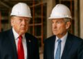 Trump y Powell recorren la Reserva Federal con cascos blancos.