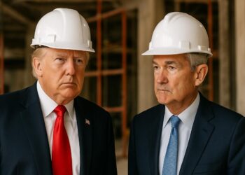 Trump y Powell recorren la Reserva Federal con cascos blancos.
