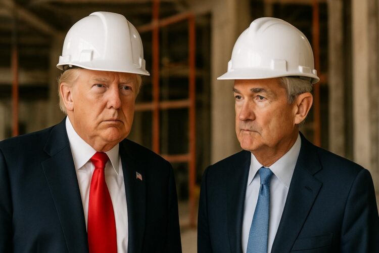 Trump y Powell recorren la Reserva Federal con cascos blancos.