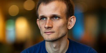 Primer plano de Vitalik Buterin con fondo cálido borroso en tonos naranja y azul.