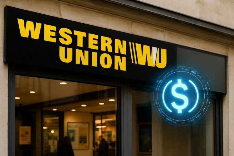 Sucursal de Western Union con letrero visible y símbolo digital de stablecoin proyectado en la ventana.