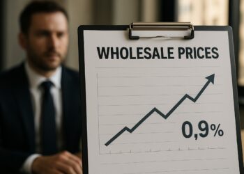 Gráfico en pizarra muestra alza de 0,9% en inflación mayorista en EE. UU. durante julio, con tendencia ascendente.