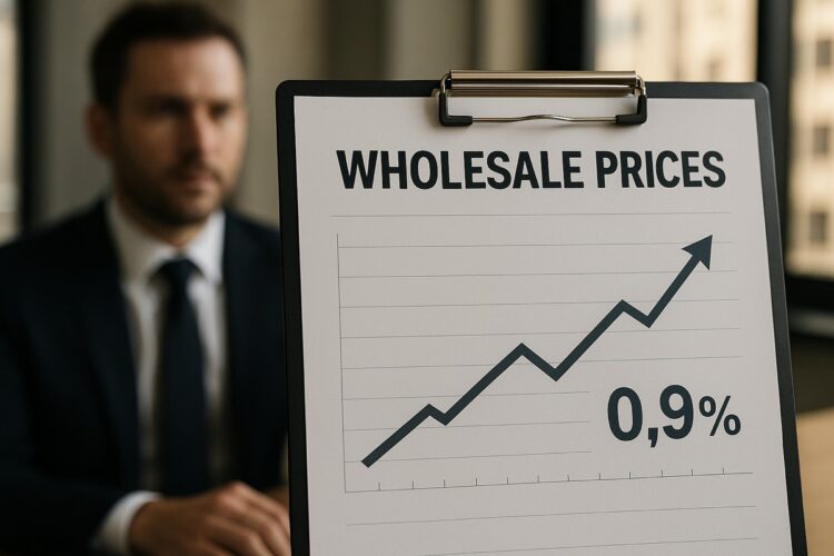 Gráfico en pizarra muestra alza de 0,9% en inflación mayorista en EE. UU. durante julio, con tendencia ascendente.