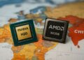 Chips Nvidia H20 y AMD MI308 sobre mapa que muestra a China y Estados Unidos en colores resaltados.