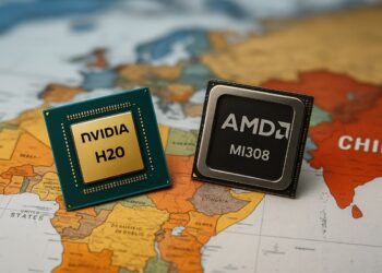 Chips Nvidia H20 y AMD MI308 sobre mapa que muestra a China y Estados Unidos en colores resaltados.