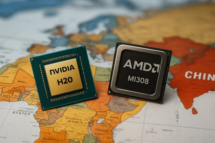 Chips Nvidia H20 y AMD MI308 sobre mapa que muestra a China y Estados Unidos en colores resaltados.