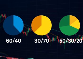 Tres gráficos circulares comparan modelos de portafolio 60/40, 30/70 y 50/30/20 sobre fondo de mercado volátil.