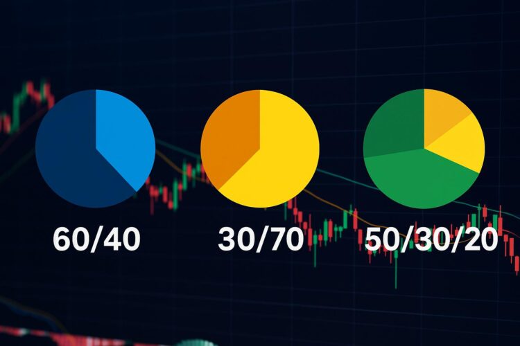 Tres gráficos circulares comparan modelos de portafolio 60/40, 30/70 y 50/30/20 sobre fondo de mercado volátil.