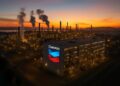 Vista aérea de una refinería Chevron con columnas de vapor y luces encendidas al atardecer.