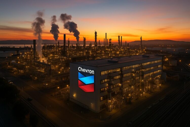 Vista aérea de una refinería Chevron con columnas de vapor y luces encendidas al atardecer.