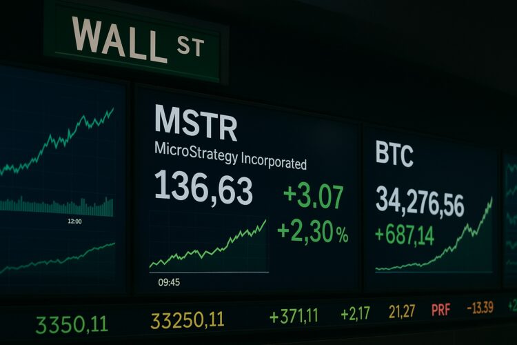 Pantallas bursátiles en Wall Street mostrando en paralelo las cotizaciones de MSTR y Bitcoin en verde.