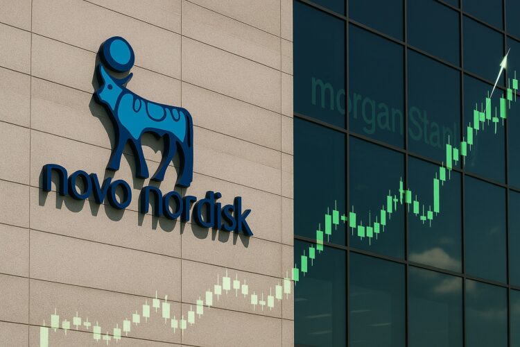 Fachada de la sede de Novo Nordisk con su logotipo visible y gráficos financieros ascendentes proyectados.
