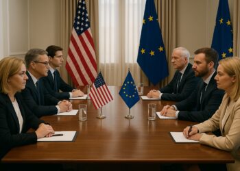 Sala de reuniones con representantes de trump y la Unión Europea frente a frente, con banderas visibles y ambiente formal.