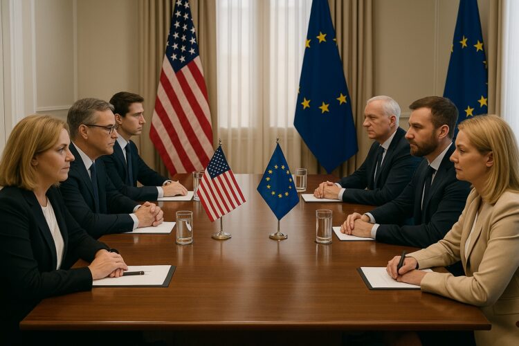 Sala de reuniones con representantes de trump y la Unión Europea frente a frente, con banderas visibles y ambiente formal.